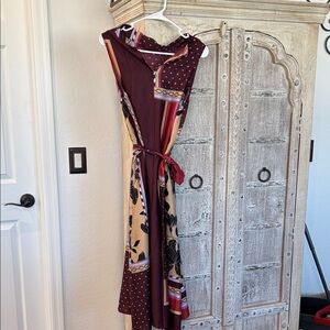 Ann Taylor Burgundy and Cream Mixed-Print Maxi Dress with Tie Waist